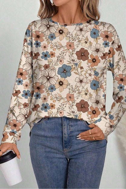 Khaki Floral Print Women's Top - Allover Floral Crew Neck Long Sleeve - The Eggy's store