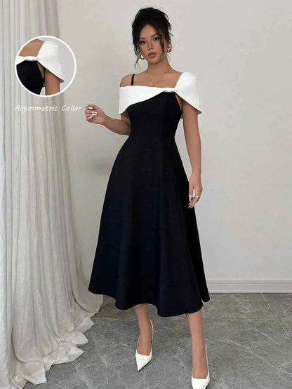 Asymmetrical Neck Contrast Midi Dress