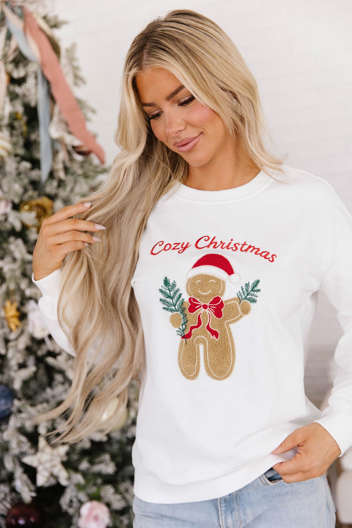 White Gingerbread Embroidered Christmas Sweatshirt