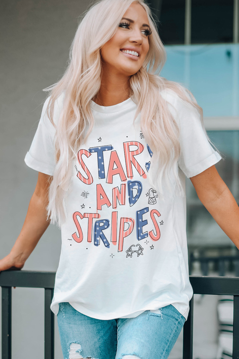 Stars & Stripes Crew Neck Graphic T-Shirt – Women's Patriotic Tee in White