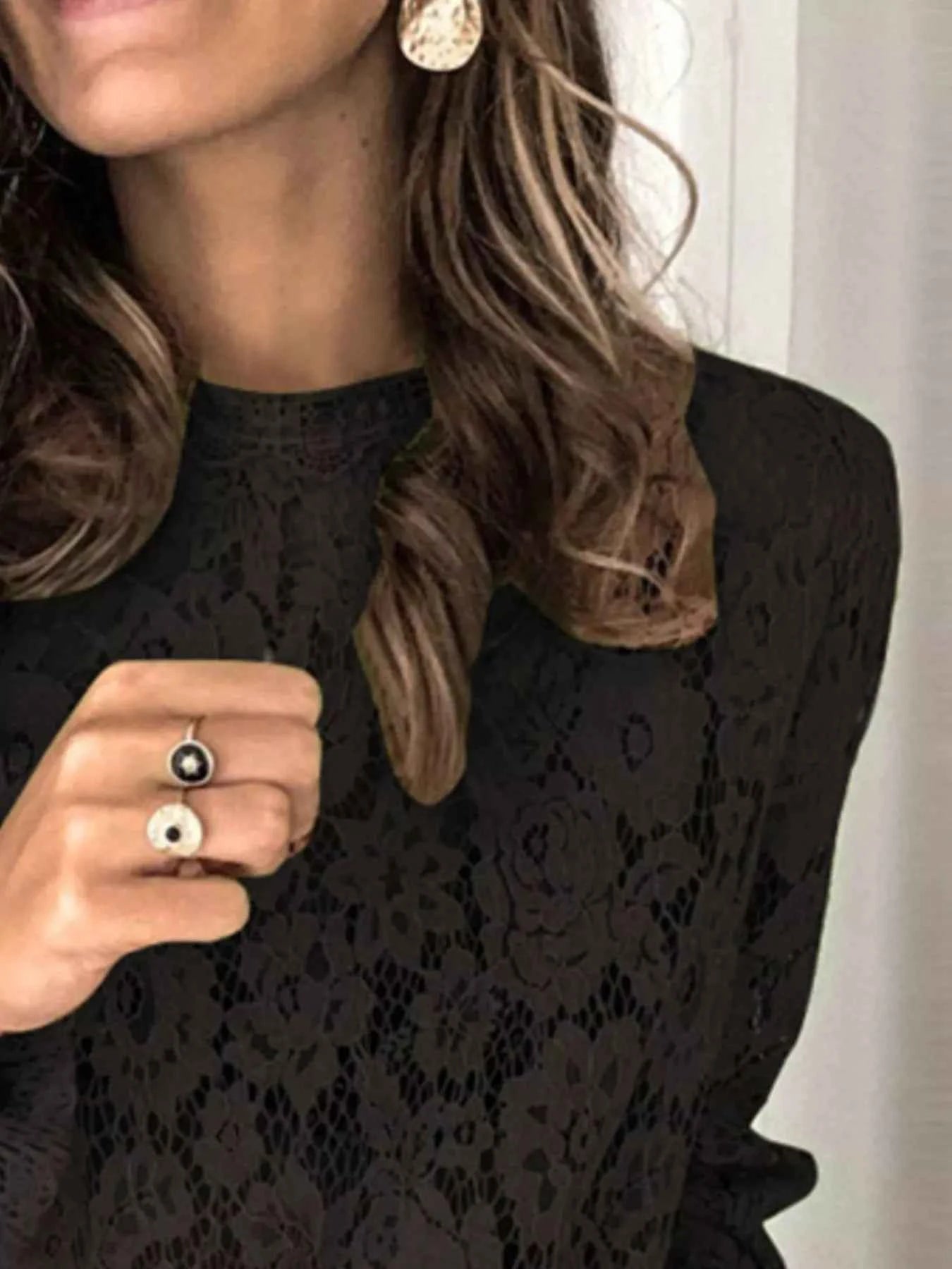 Plus Size Floral Lace Flounce Sleeve Blouse