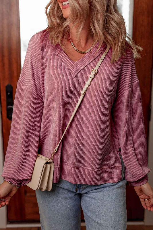 Audrey Twisted Rib V Neck Loose Sleeve Top
