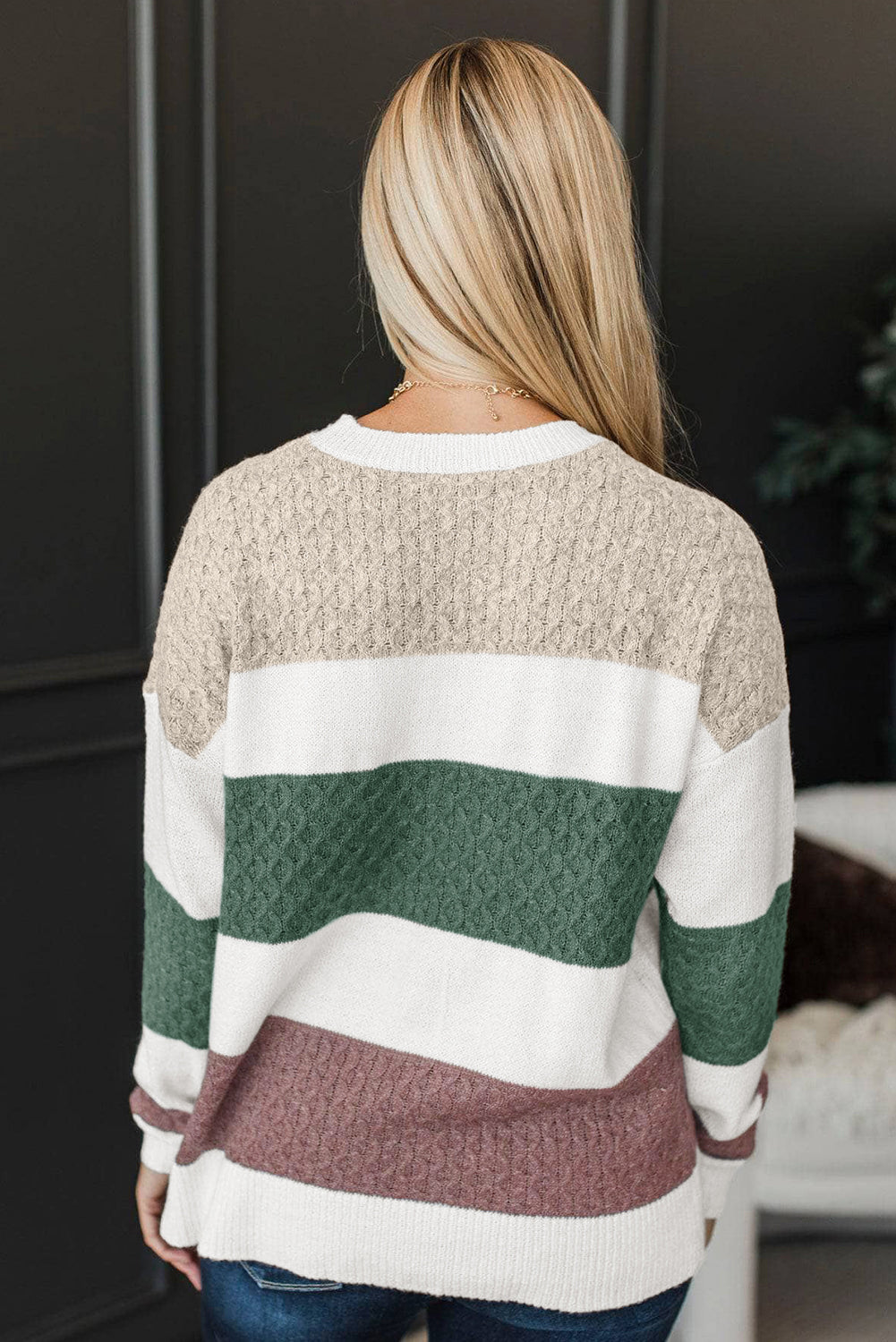 Brown Mixed Texture Knit Striped Color Block Loose Sweater