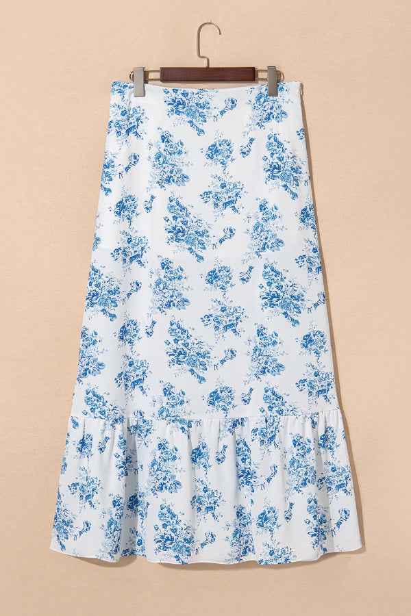 Split Asymmetrical Ruffled Printed Skirt