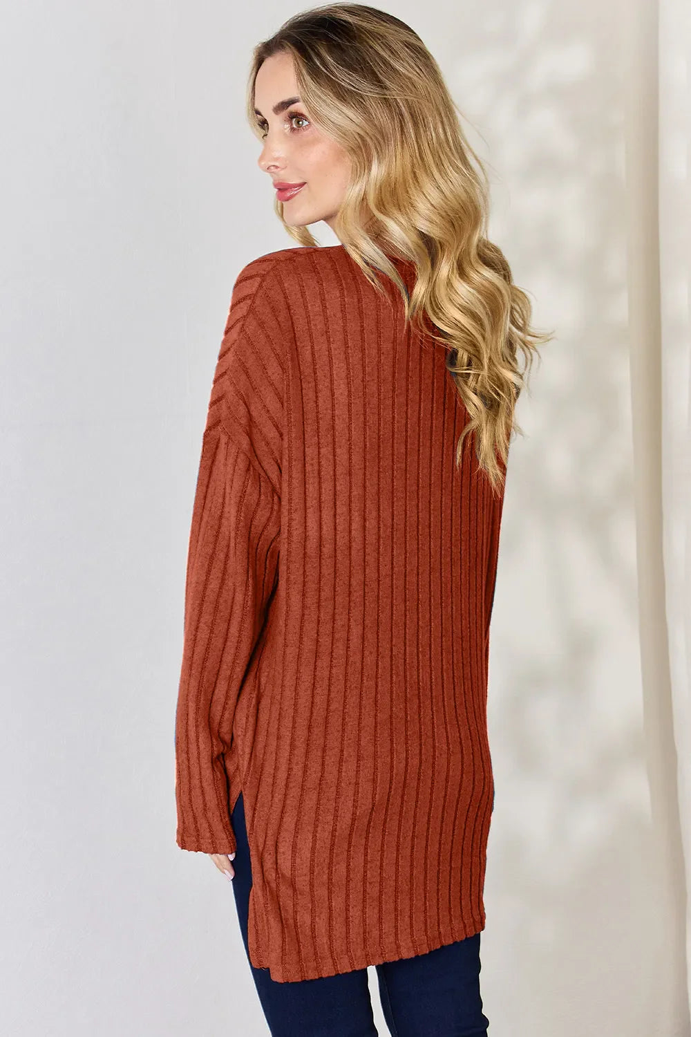 Basic Bae Full Size Ribbed Half Button Long Sleeve High-Low Women's T-Shirt - The Eggy's store