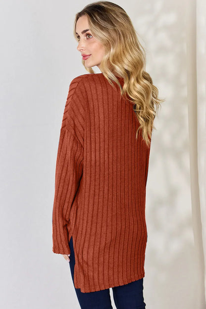 Basic Bae Full Size Ribbed Half Button Long Sleeve High-Low Women's T-Shirt - The Eggy's store