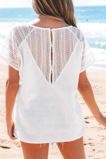 Lace Crochet Textured Button Back V Neck T Shirt