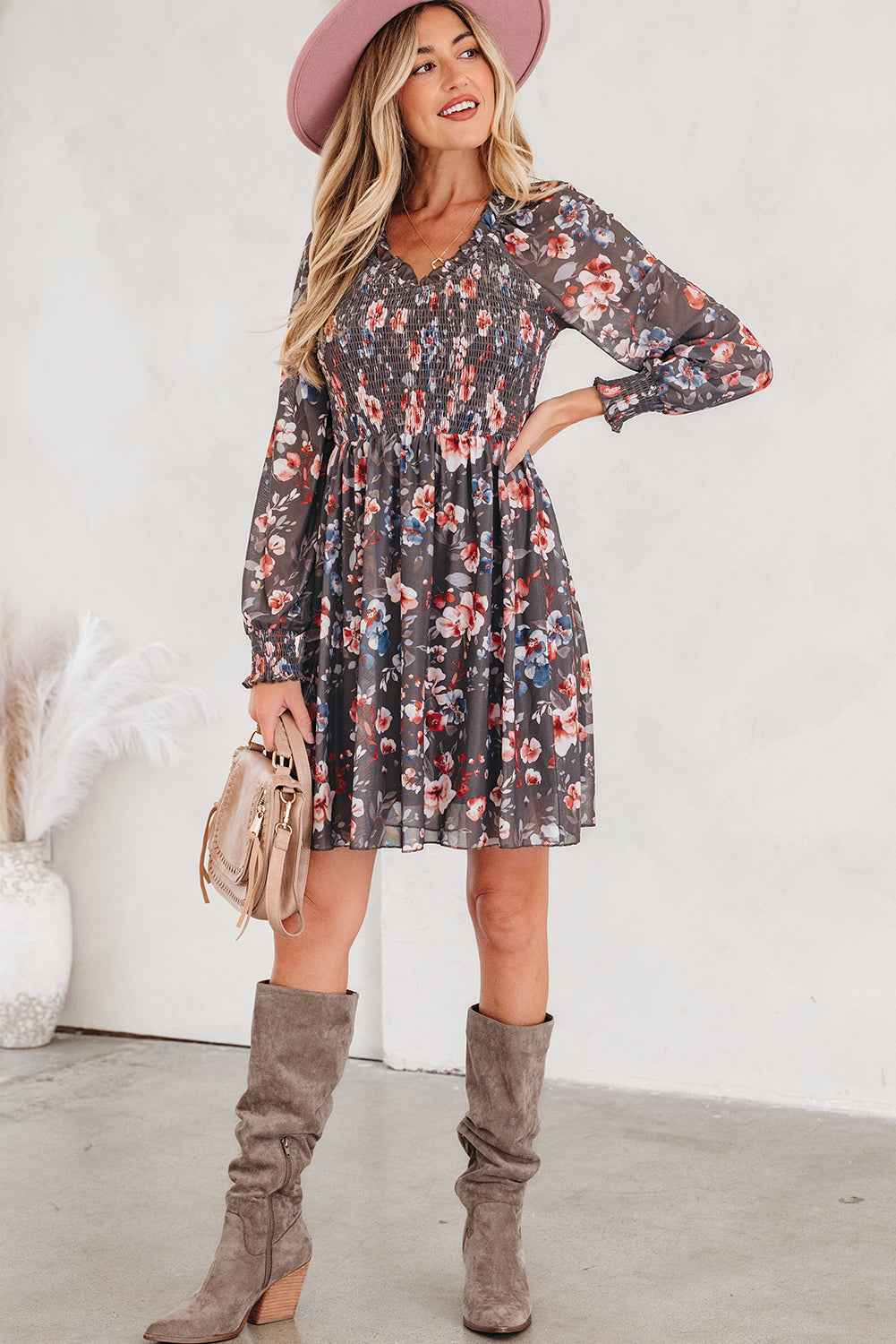 Floral Mesh Long Sleeve Mini Dress