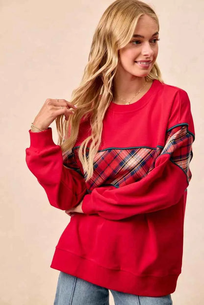 BiBi Christmas Theme Plaid Block Sweatshirt with Binding