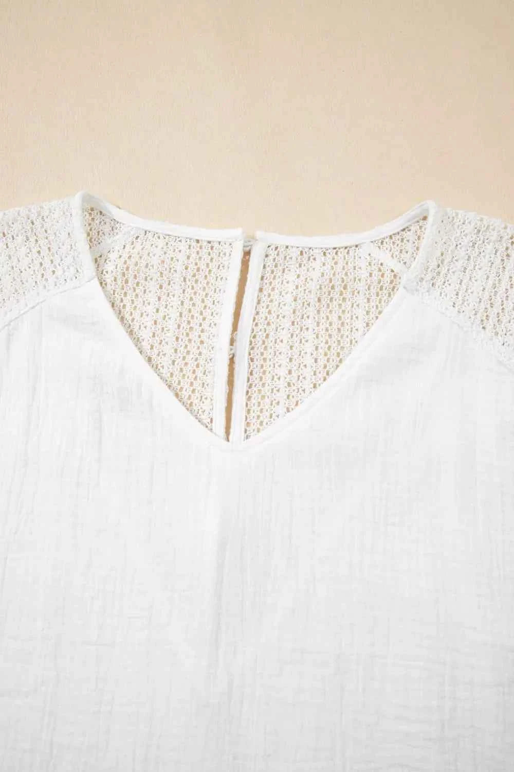 Lace Crochet Textured Button Back V Neck T Shirt