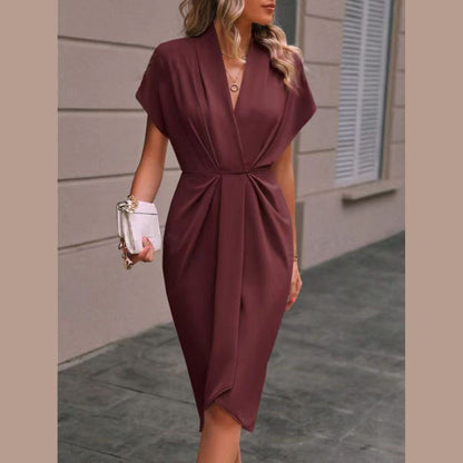 Summer Batwing Sleeve Dress - Stylish V-neck Pleated Short Sleeve Dress for Women - The Eggy's store