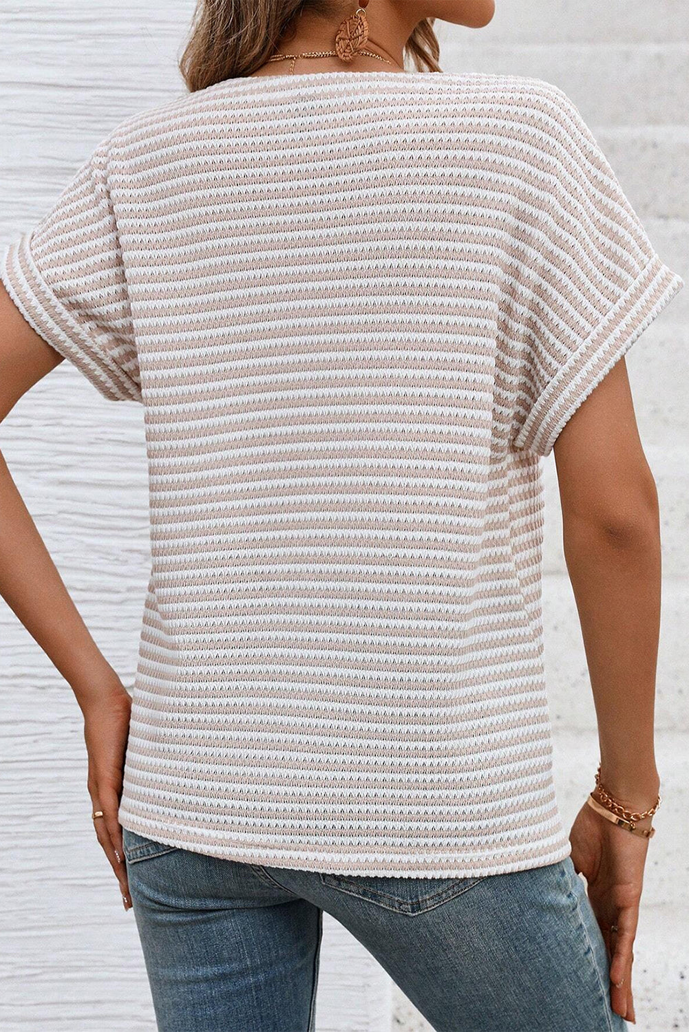 Khaki Striped Button Front V Neck Knitted Women's Top - The Eggy's store