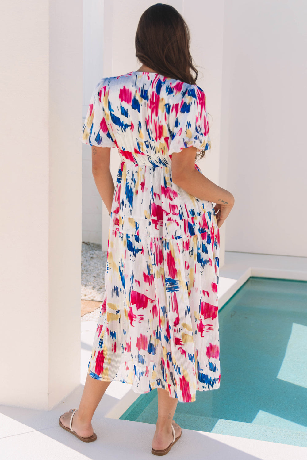Abstract Print Puff Sleeve Tiered Maxi Dress – V-Neck High Waist