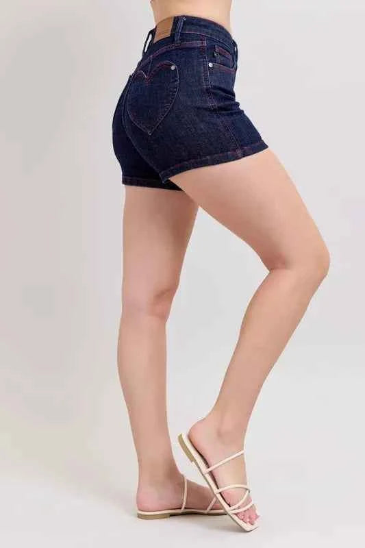 Judy Blue Full Size High Waist Heart Shaped Pkts & Red Contrast Thread Denim Shorts Plus Size