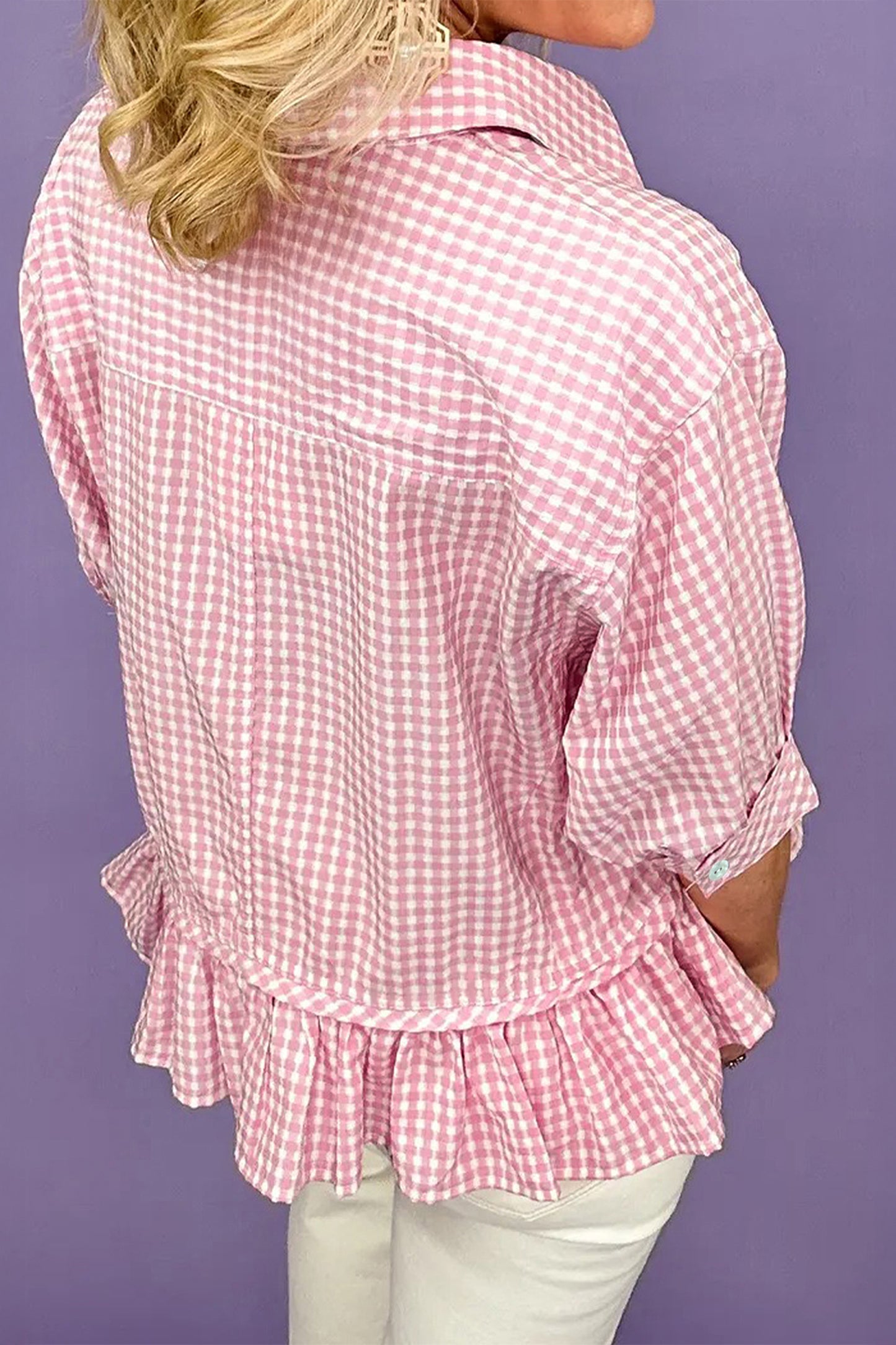 Pink Plaid Half Sleeve Ruffle Hem Button Down Blouse
