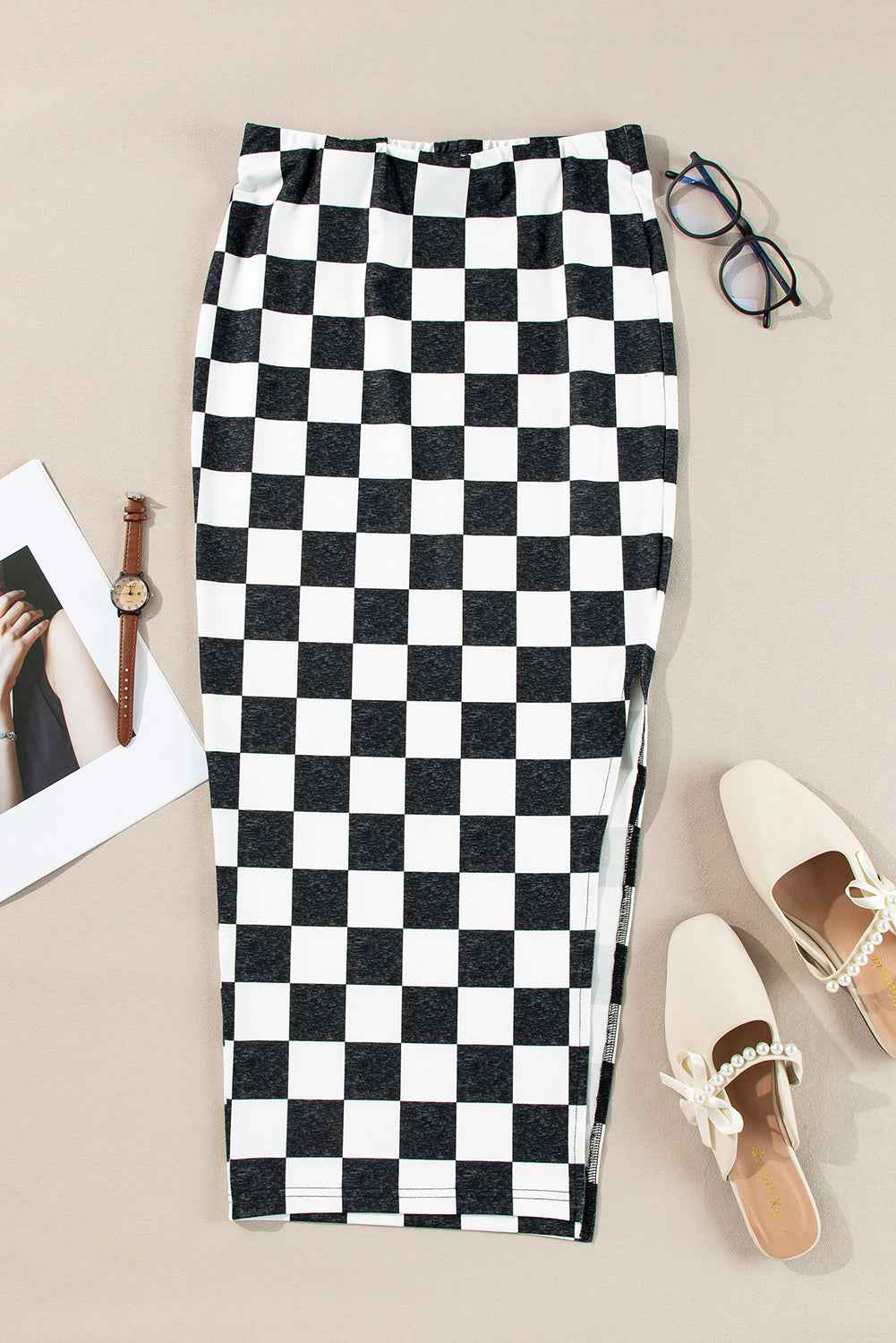 Checker Side Slit High Waist Midi Skirt