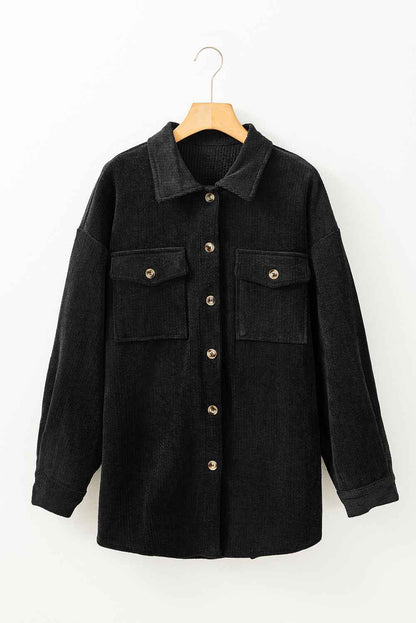 Solid Corduroy Button-Up Pocketed Shacket