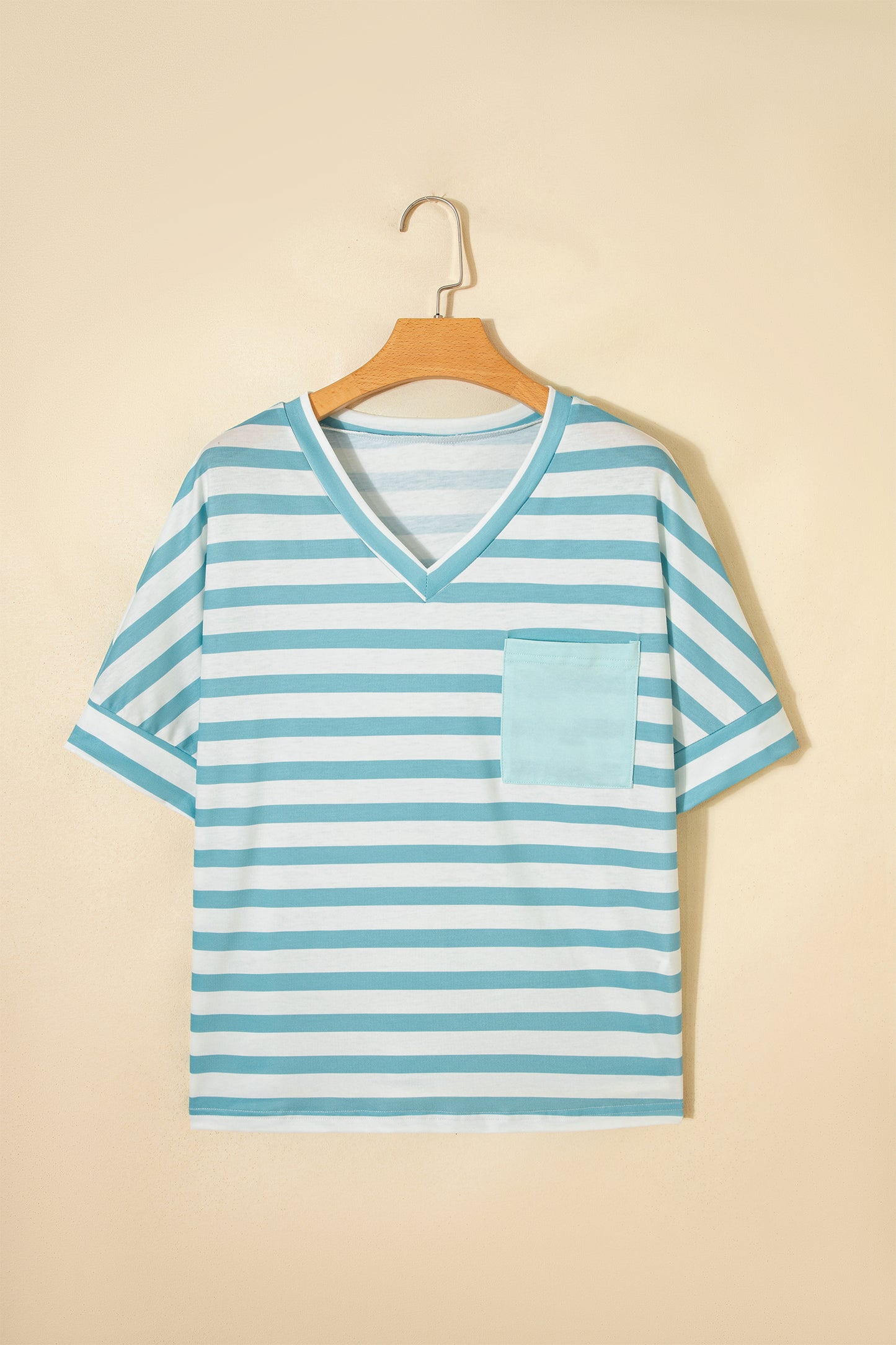 Stripe V Neck Patched Pocket Casual T Shirt