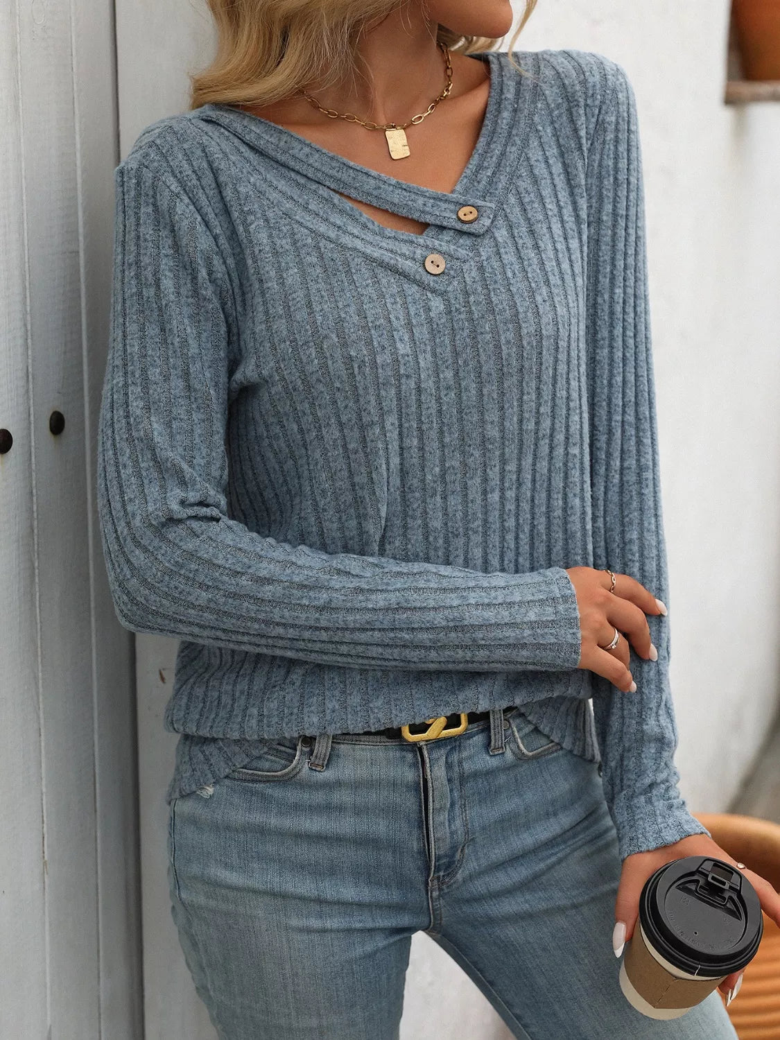 Ribbed Knit Long Sleeve Button Detail Sweater
