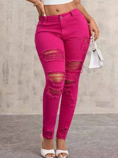 Fuchsia Fierce Distressed High-Waisted Skinny Jeans