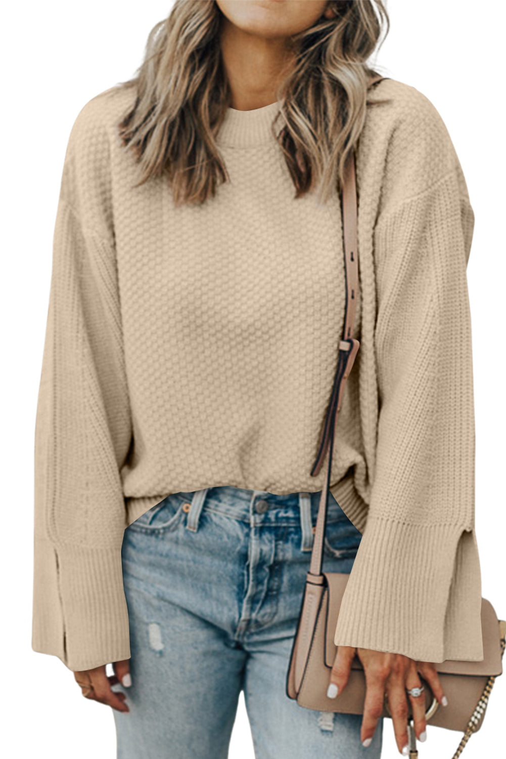 Parchment Knit Women's Top with Solid Textured Design and Split Cuff Drop Shoulder - The Eggy's store