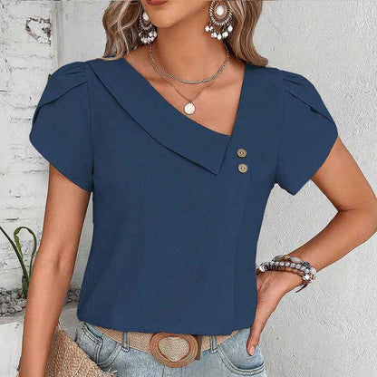 Women's  Casual Petal Sleeve Asymmetrical V Neck Work Shirts Blouse Tops