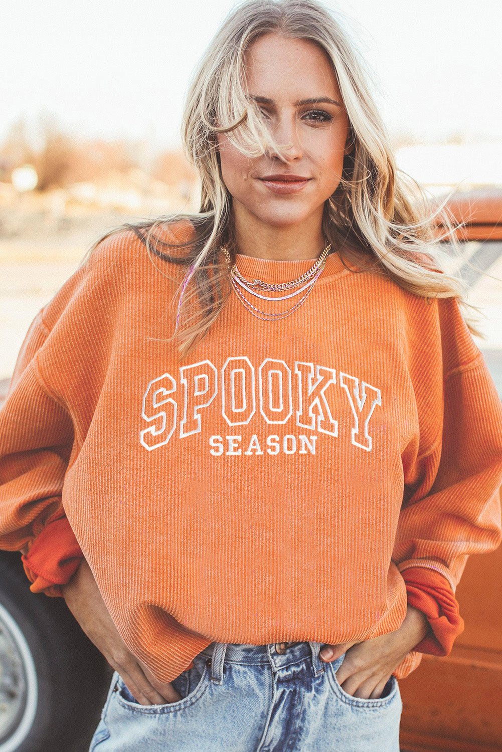 Spooky Season Embroidered Twisted Ribbed Pullover Sweatshirt