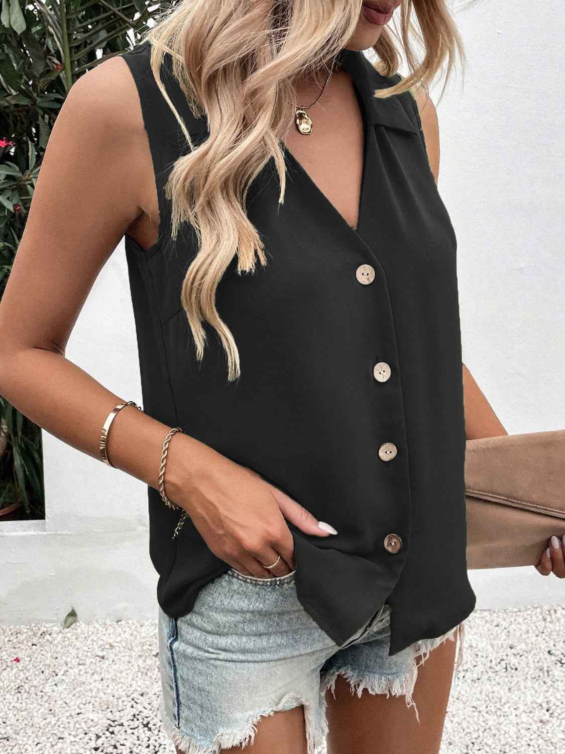 Full Size Johnny Collar Button Down Tank Plus Size