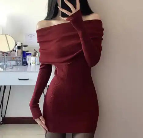 Off-shoulder Knit Dress Women Sweater Dress 