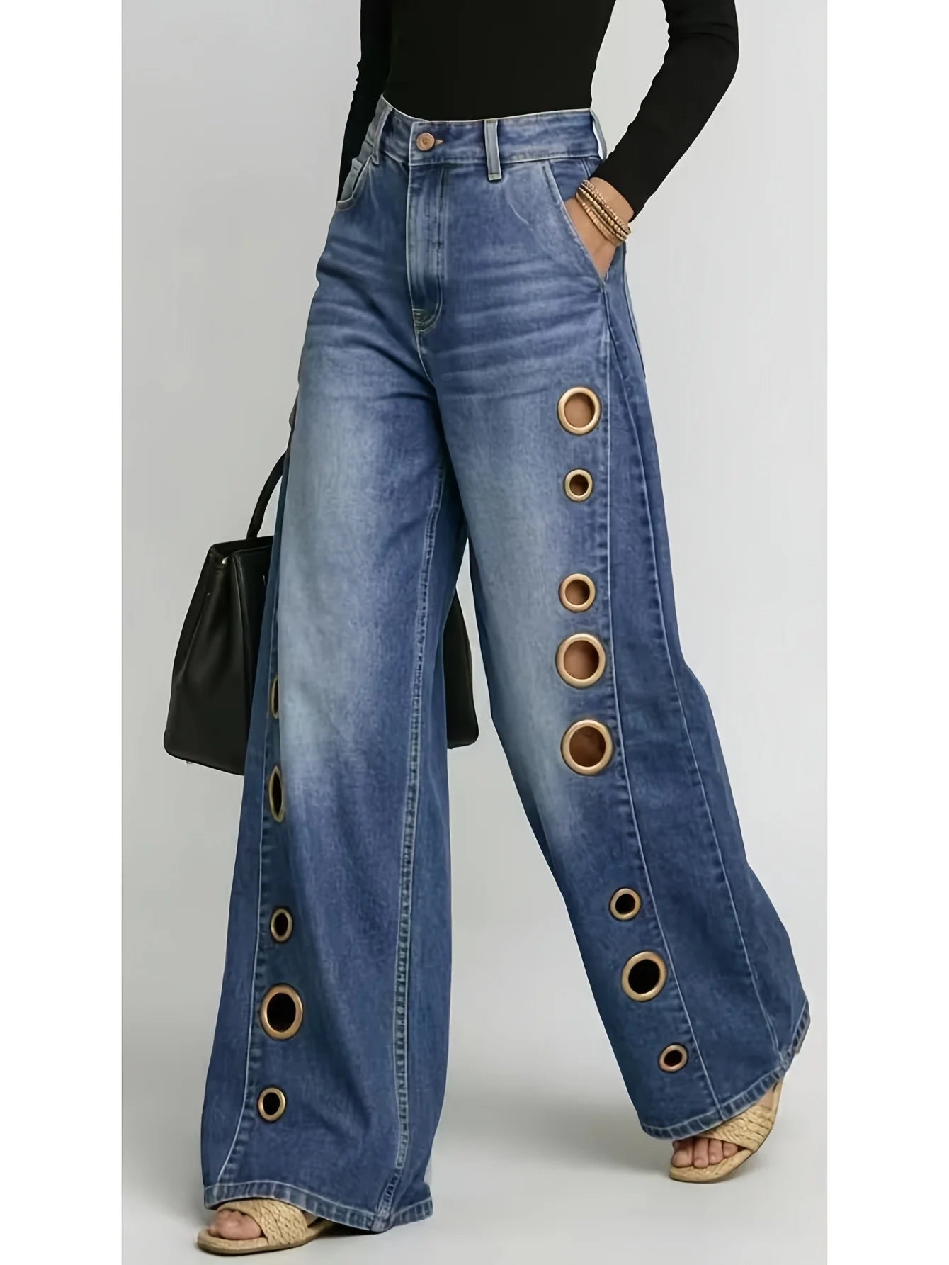 Metallic Eyelet Wide-Leg Jeans