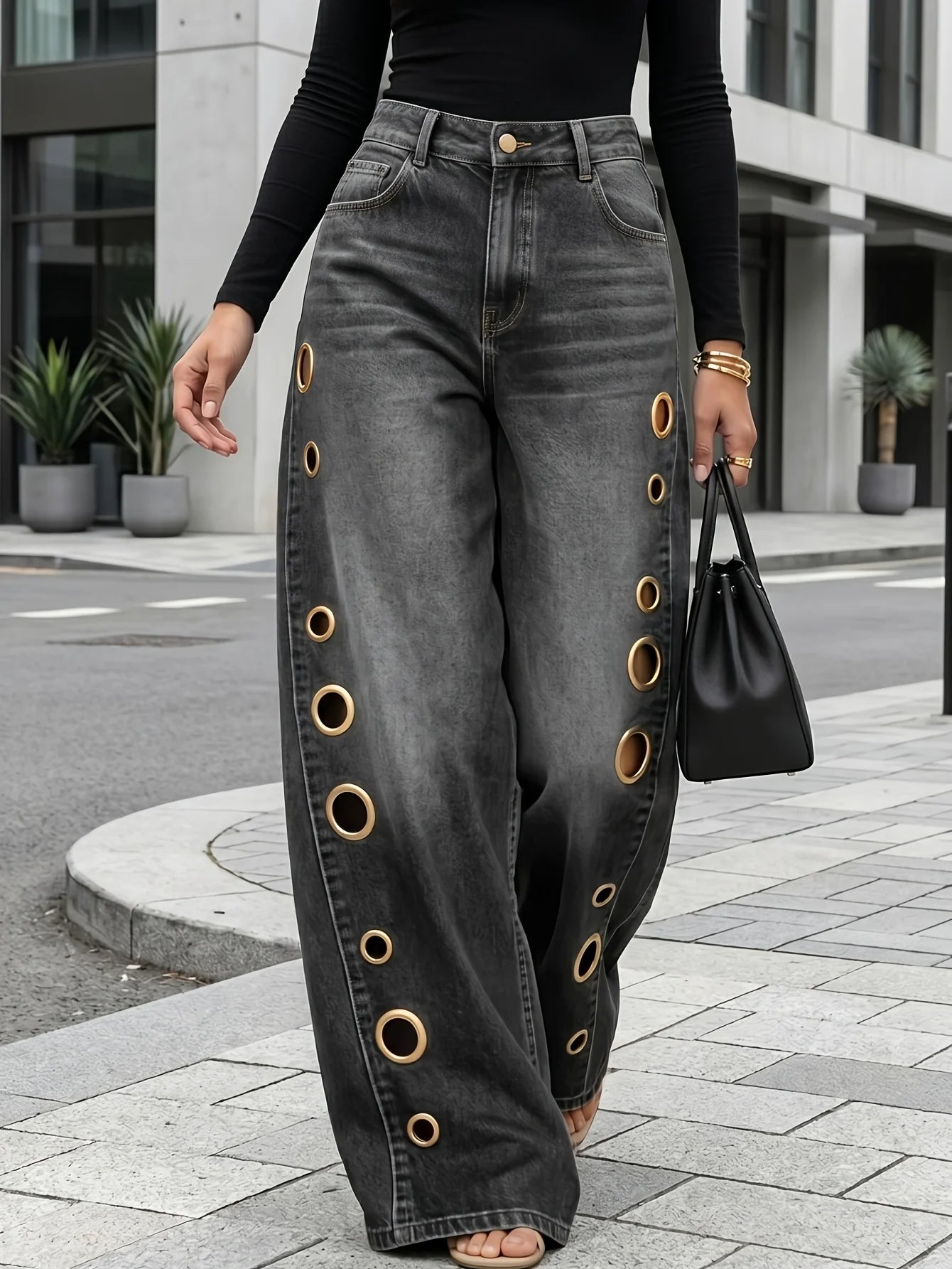 Metallic Eyelet Wide-Leg Jeans