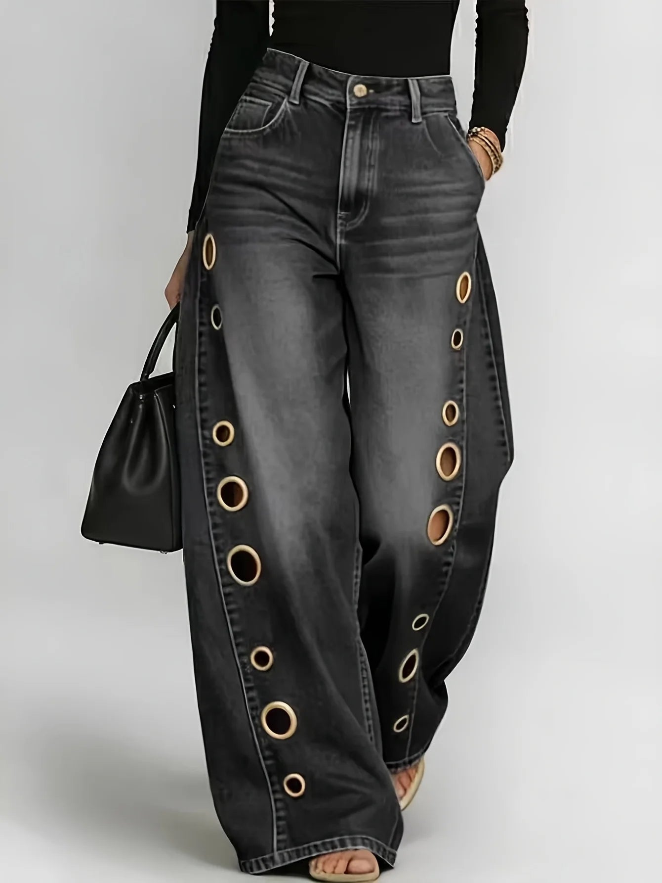 Metallic Eyelet Wide-Leg Jeans