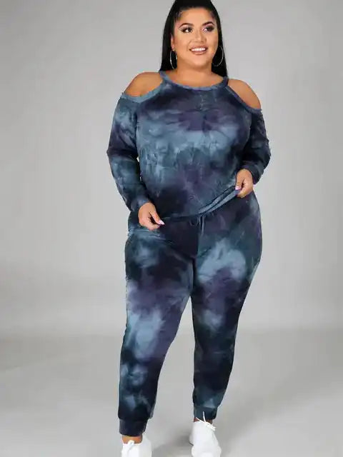 Plus Size Women's Off Shoulder Tie Dye Sweatsuit