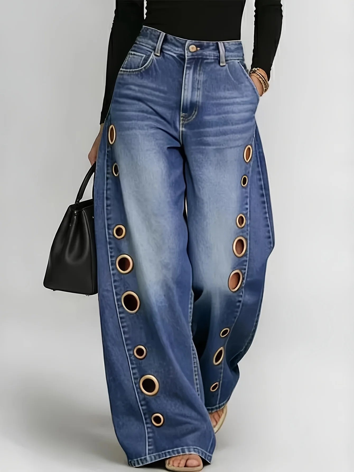 Metallic Eyelet Wide-Leg Jeans