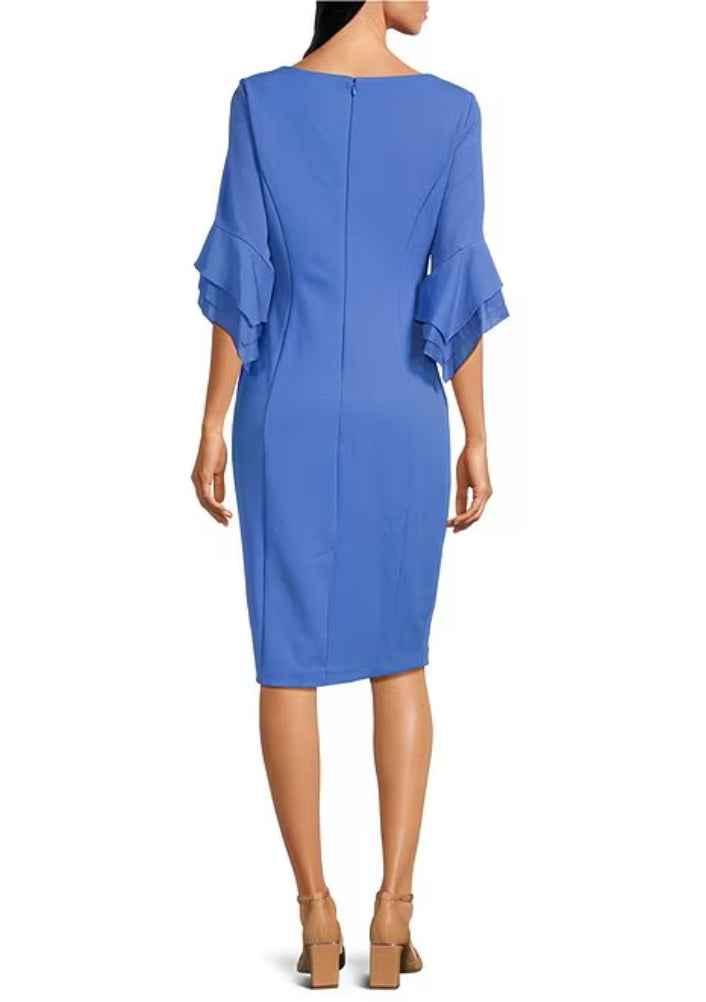Adrianna Papell Boat Neckline Tiered Bell Sleeves Back Zipper Closure Sheath Silhouette Dress (Plus Size)