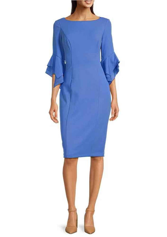 Adrianna Papell Boat Neckline Tiered Bell Sleeves Back Zipper Closure Sheath Silhouette Dress (Plus Size)