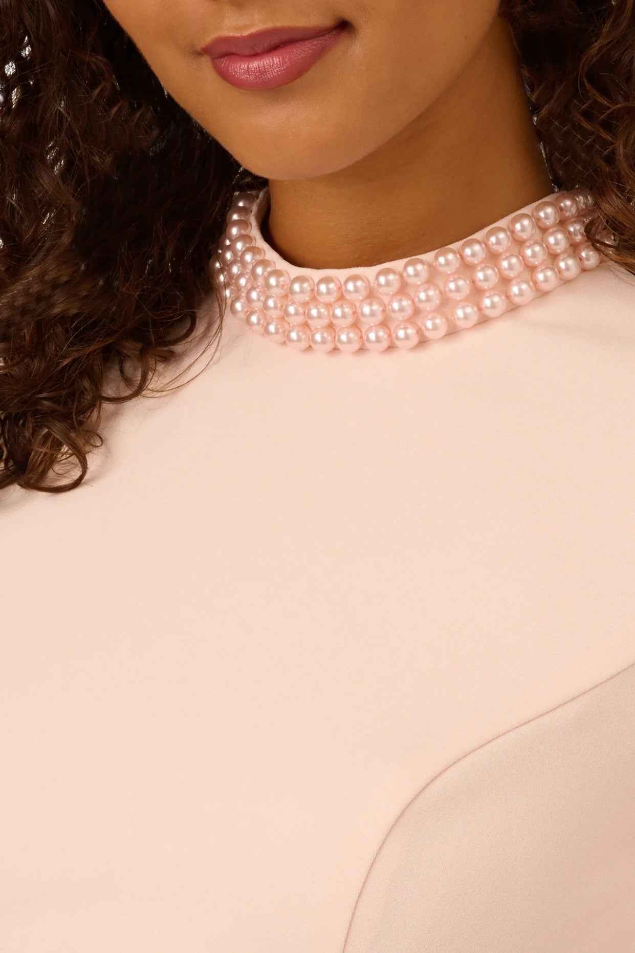 Adrianna Papell Joyful Blush High Collar Embellished Short Sleeve Crepe Midi Sheath Dress