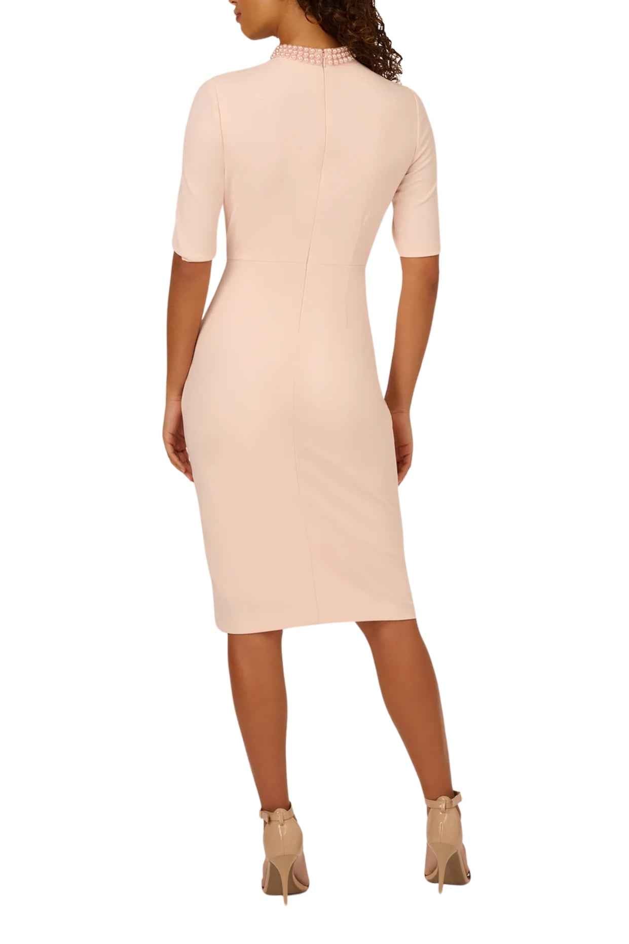 Adrianna Papell Joyful Blush High Collar Embellished Short Sleeve Crepe Midi Sheath Dress