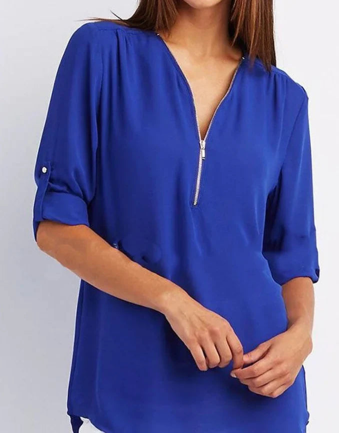 Plus Size V-Neck Long Sleeve Zip Chiffon Blouse