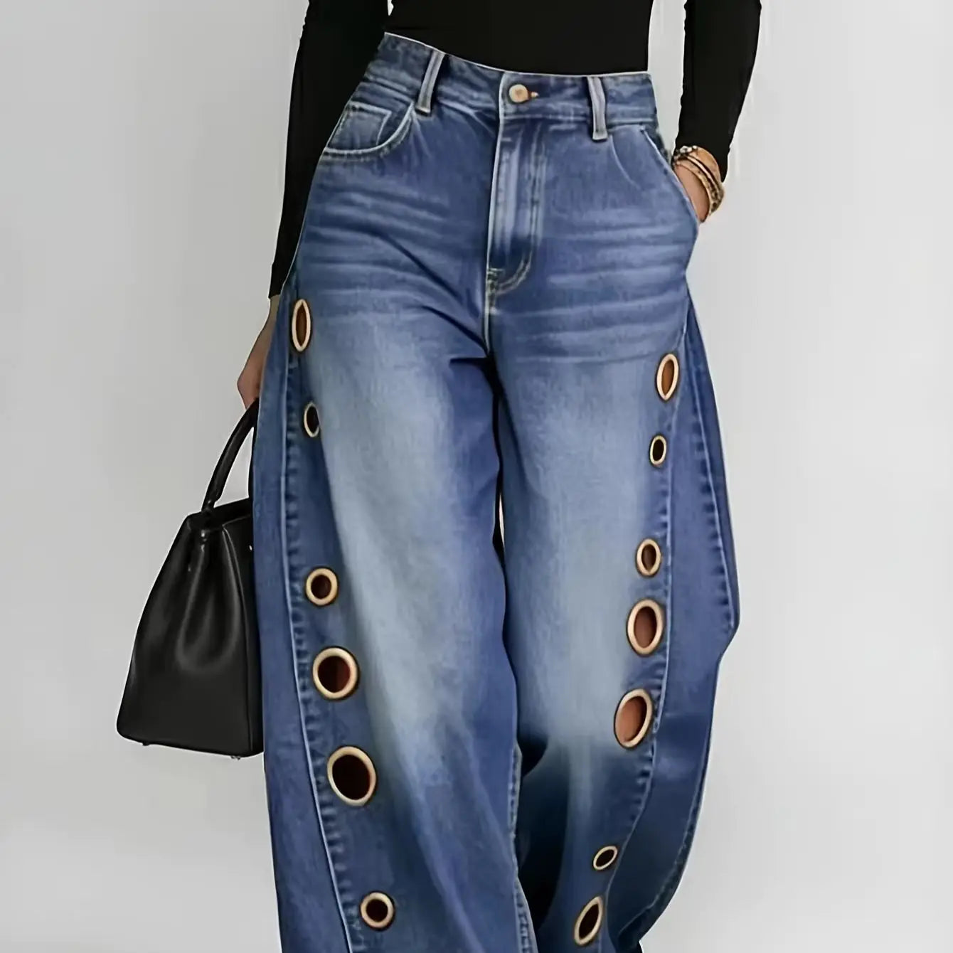 Metallic Eyelet Wide-Leg Jeans