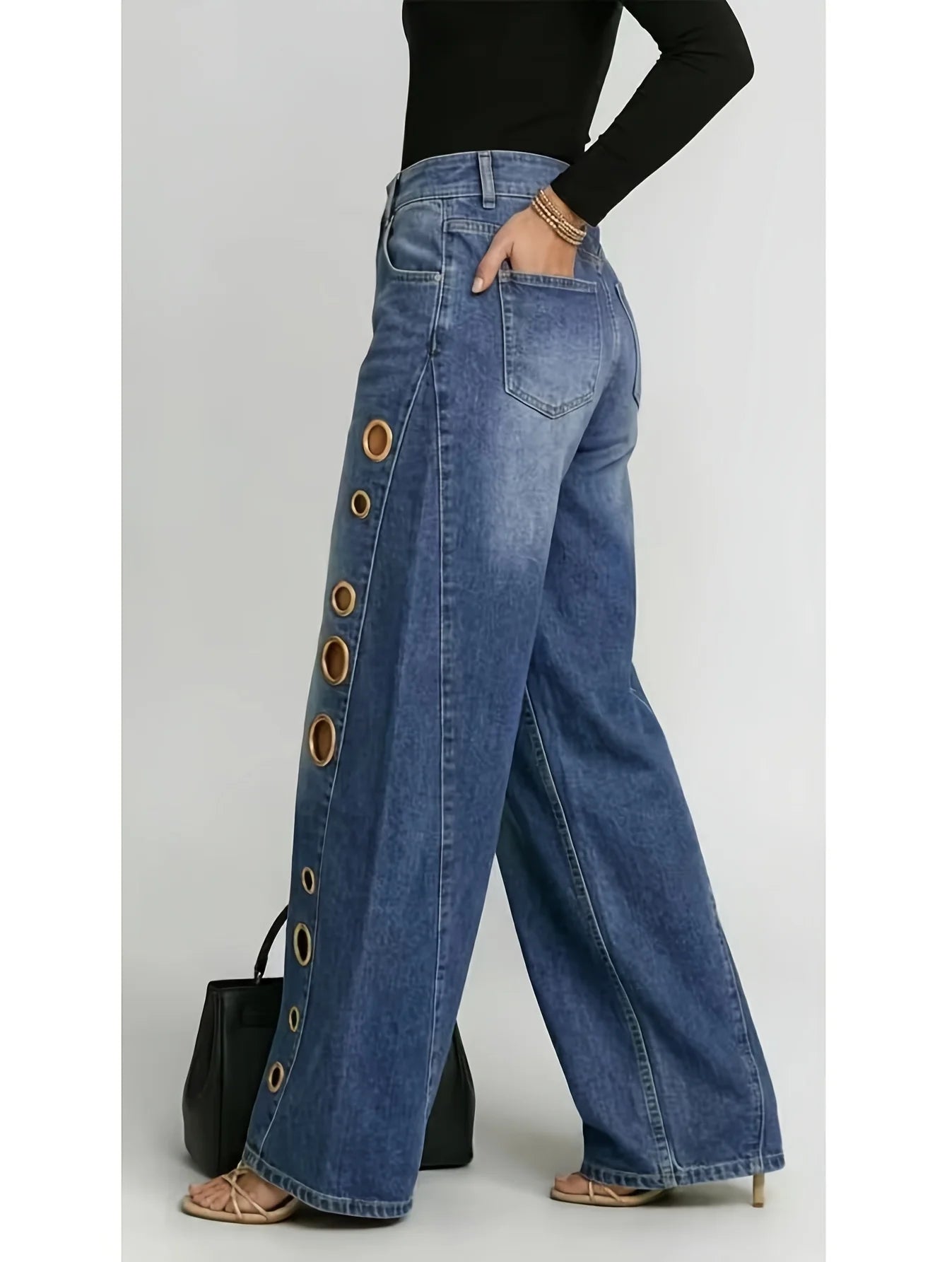 Metallic Eyelet Wide-Leg Jeans