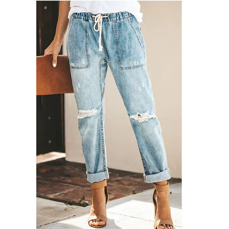 Women's Straight Ripped Jeans with Drawstring & Pockets