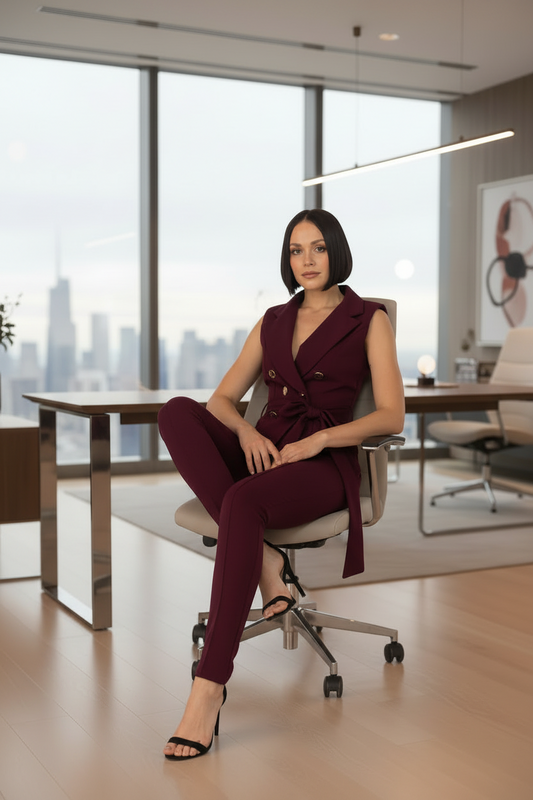Women's Wine Fashion Pantsuit Jacket Top & Skinny Pants Set