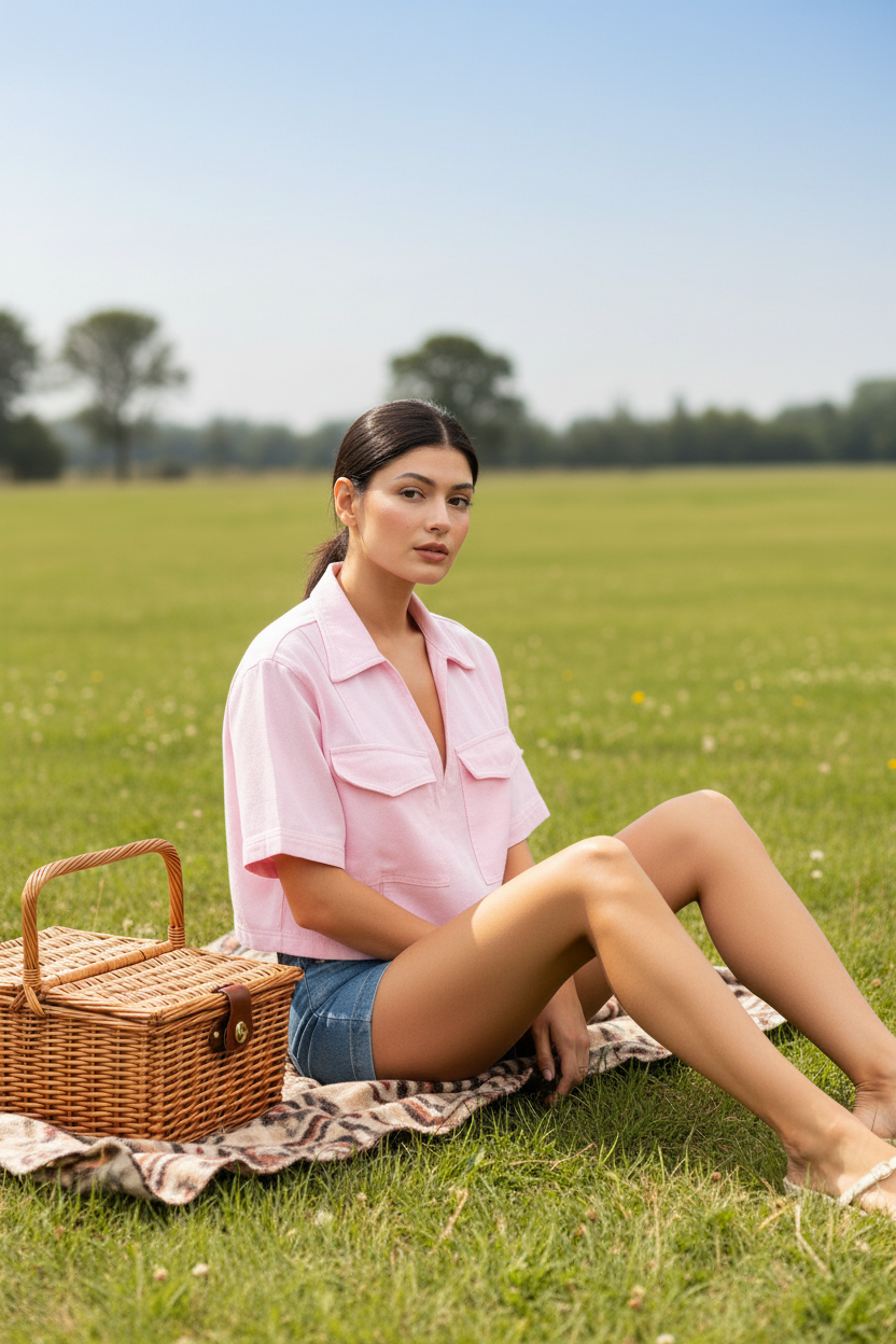 Women's Collared V-Neck Cropped Top | Light Pink Cotton Blouse