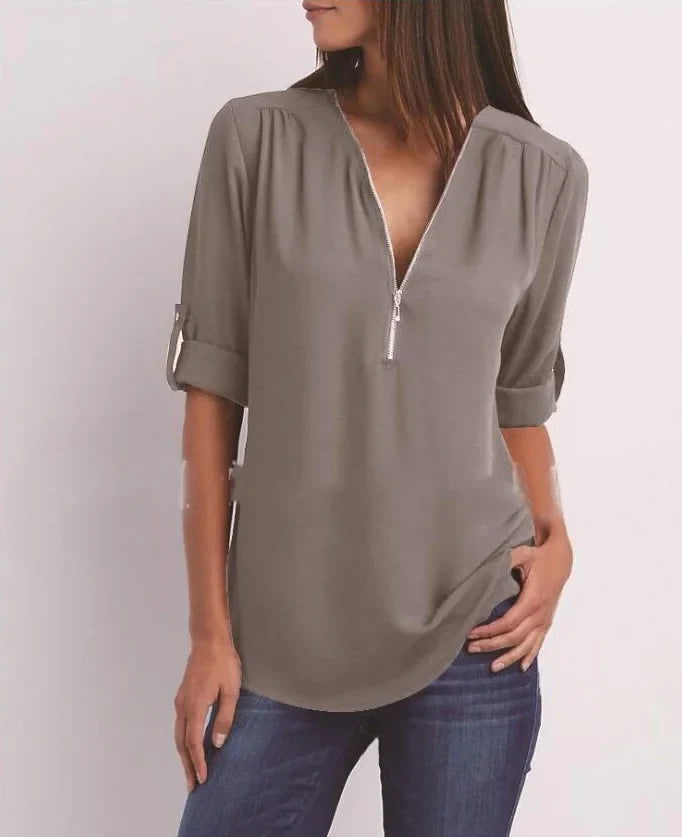 Plus Size V-Neck Long Sleeve Zip Chiffon Blouse