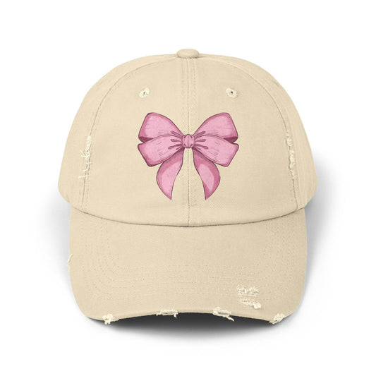 Cap with Pink Bow, Distressed Baseball Hat, Fashion Accessory, Hat for Women, Vintage Style Headwear, Streetwear Cap - The Eggy's store