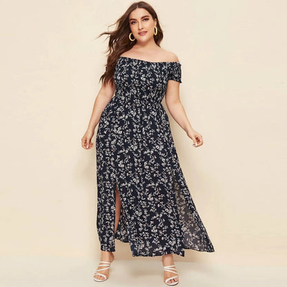 Plus Size Floral Print Off-Shoulder Dress