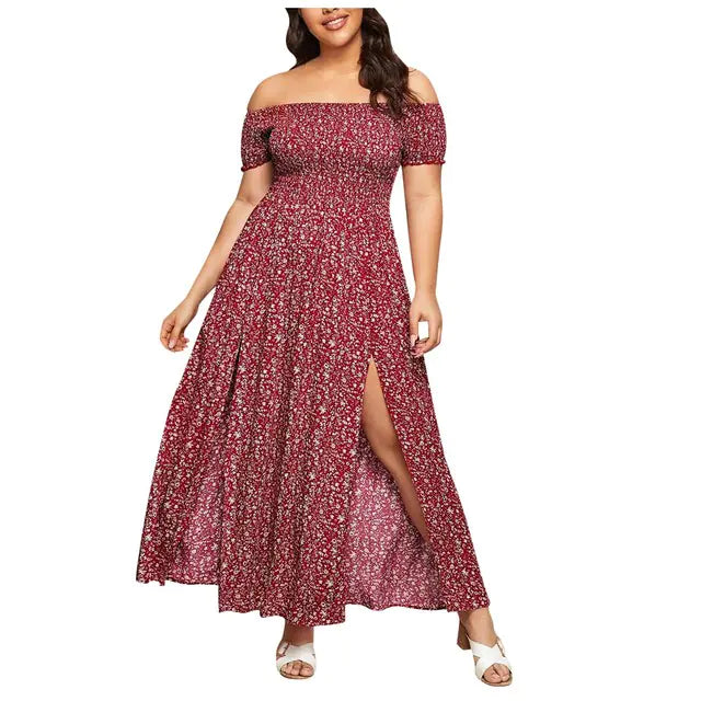 Plus Size Floral Print Off-Shoulder Dress