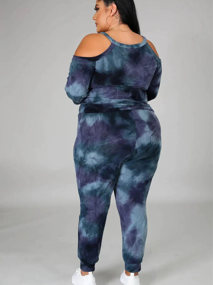 Plus Size Women's Off Shoulder Tie Dye Sweatsuit