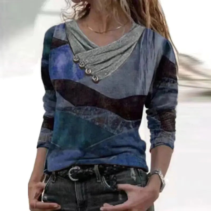 Printed Long-Sleeved V-Neck T-Shirt Top